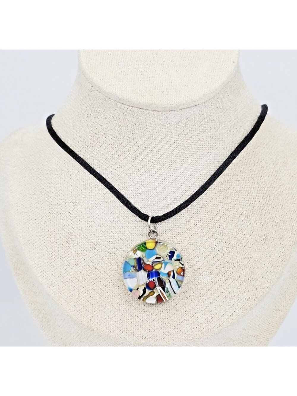Murano Glass Italian Round Pendant Necklace Multi Color Millefiori Art Choker